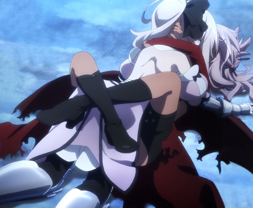 armor artoria_pendragon_(all) boots chloe_von_einzbern cosplay dark_skin fate/kaleid_liner_prisma_illya fate_(series) highres hug illyasviel_von_einzbern interracial kiss knee_boots leg_lock multiple_girls saber saber_lily saber_lily_(cosplay) screencap snow stitched third-party_edit yuri