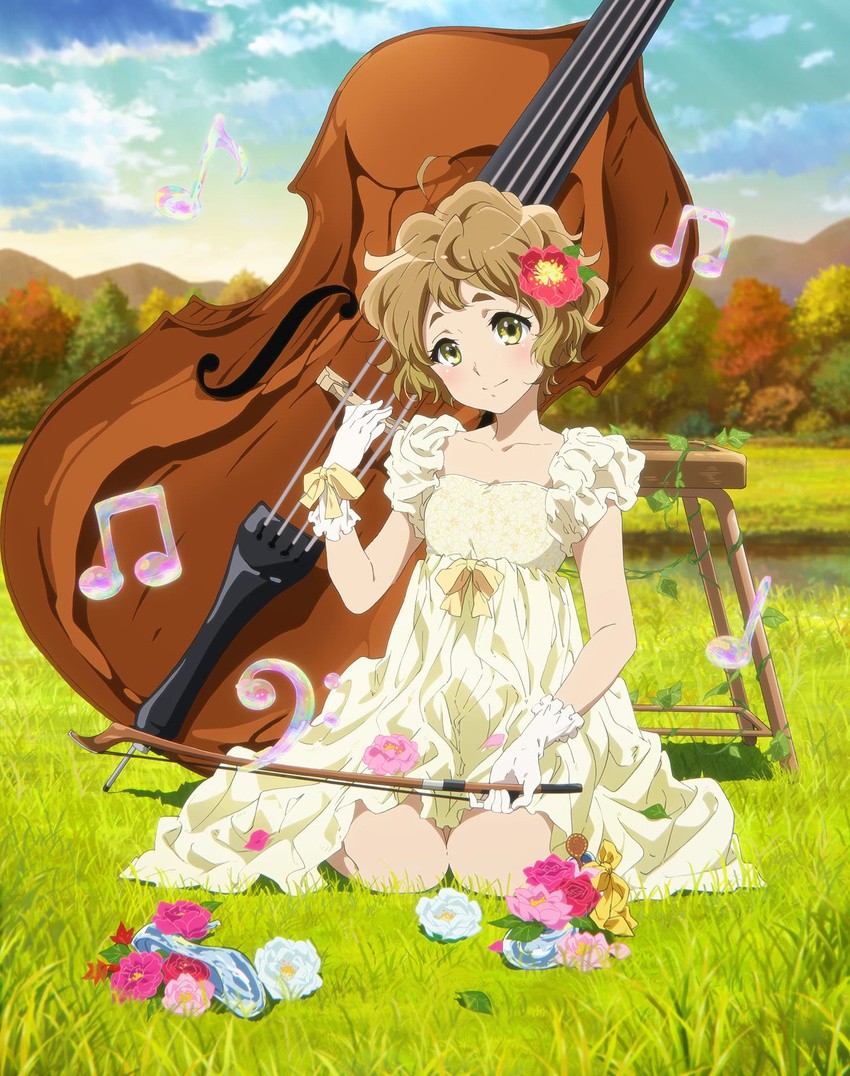 bass_clef beamed_eighth_notes brown_hair cloud collarbone day double_bass dress eighth_note flower full_body glass_slipper gloves grass hair_flower hair_ornament hibike!_euphonium highres instrument kawashima_sapphire looking_at_viewer musical_note official_art outdoors plant quarter_note short_hair sitting solo vines wavy_hair white_gloves