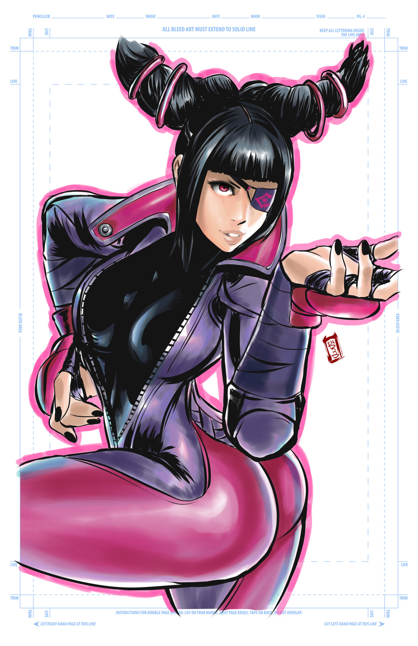 bangs big_hair biker_clothes bikesuit black_hair black_nails blunt_bangs breasts center_opening commission cropped_legs drill_hair ericmartindood eyelashes eyepatch fingerless_gloves gloves hair_ornament han_juri hand_up hands highres large_breasts lips looking_at_viewer md5_mismatch nail_polish nose one_eye_covered parted_lips pose print_eyepatch reaching_out short_hair signature simple_background solo street_fighter street_fighter_v trim_marks twin_drills unzipped v-shaped_eyebrows white_background