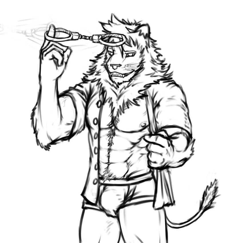 abs anthro biceps body_hair clothed clothing feline fur hair handcuffs happy_trail lion male mammal mane muscular muscular_male ninjatertel nipples open_shirt pecs pose shackles solo standing teeth underwear undressing