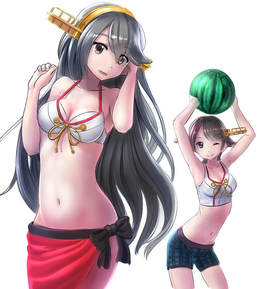 adapted_costume ao_iro ball beachball bikini bikini_shorts black_hair brown_eyes brown_hair food fruit green_eyes hairband haruna_(kantai_collection) hiei_(kantai_collection) highres kantai_collection long_hair multiple_girls plaid plaid_shorts sarong short_hair shorts swimsuit very_long_hair watermelon watermelon_beachball