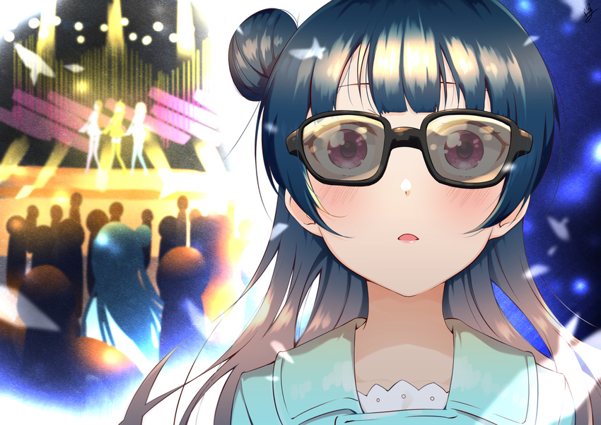 awestruck bad_id bad_pixiv_id bangs blue_hair blunt_bangs blush coat concert hair_bun highres lips long_hair love_live! love_live!_sunshine!! open_mouth purple_eyes solo_focus sunglasses tsushima_yoshiko wide-eyed yomotsuka_tsukasa