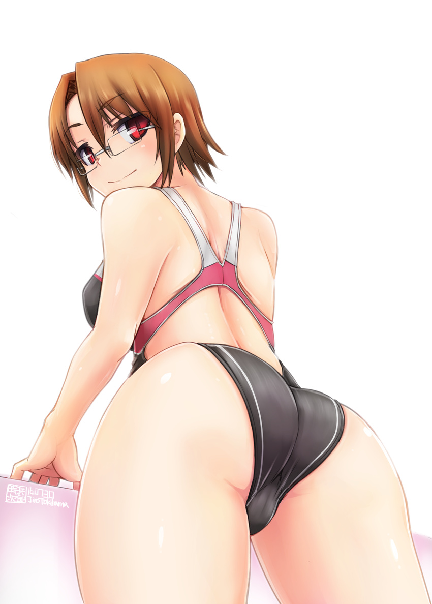ass bare_shoulders breasts brown_hair cameltoe competition_swimsuit glasses highres looking_at_viewer looking_back medium_breasts one-piece_swimsuit original red_eyes short_hair signature simple_background smile solo swimsuit thighs tokihama_jirou toraichi_kyouko trefoil white_background
