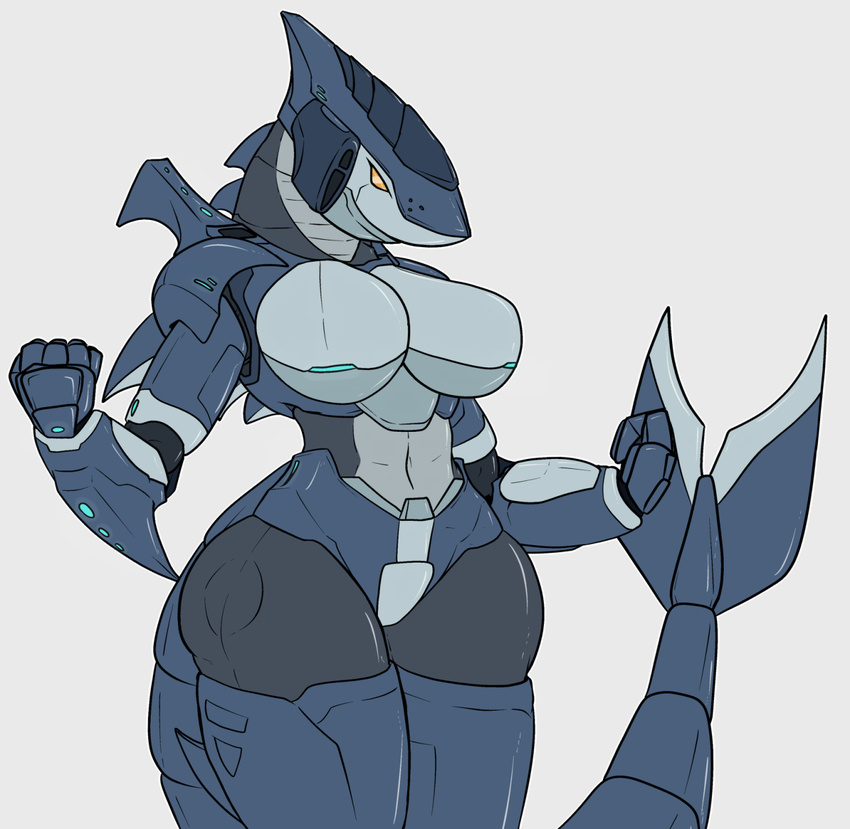 anthro big_breasts breasts female fish machine marine methados orange_eyes robot shark simple_background solo white_background