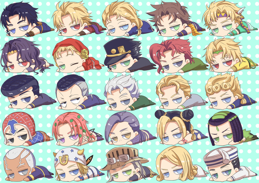 armband battle_tendency black_eyes black_hair blonde_hair blue_eyes bow braid brown_hair caesar_anthonio_zeppeli chibi cowboy_hat dark_skin dark_skinned_male diamond_wa_kudakenai diavolo dio_brando dixie_cup_hat double_bun dual_persona enrico_pucci erina_pendleton ermes_costello facial_hair facial_mark fingerless_gloves flower funny_valentine giorno_giovanna gloves green_eyes green_hair grey_eyes grey_hair guido_mista gyro_zeppeli hair_bow hair_flower hair_ornament hairlocs hat headband heart higashikata_jousuke higashikata_jousuke_(jojolion) hirose_kouichi horseshoe johnny_joestar jojo_no_kimyou_na_bouken jojolion jonathan_joestar joseph_joestar_(young) kakyouin_noriaki kars_(jojo) kira_yoshikage kuujou_jolyne kuujou_joutarou long_hair lying maid_headdress military_hat multicolored_hair multiple_boys nijimura_okuyasu on_stomach phantom_blood polka_dot polka_dot_background pompadour ponytail purple_eyes purple_hair red_eyes red_hair scarf single_braid stardust_crusaders steel_ball_run stone_ocean striped striped_scarf suzi_q tattoo two-tone_hair vento_aureo vinegar_doppio white_hair winged_hair_ornament yellow_eyes yomi_(valshe96nekopiko)