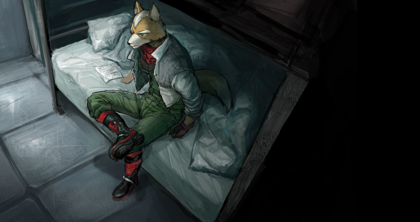 anthro bed bedroom black_nose boots brown_fur canine clothing footwear fox fox_mccloud fur gloves green_eyes jacket male mammal nintendo pillow scarf shootthefoolproject solo star_fox video_games white_fur