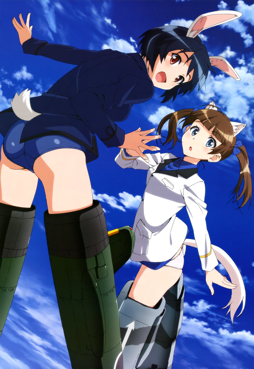 :d :o absurdres animal_ears ass brave_witches brown_hair bunny_ears bunny_tail cat_ears cat_tail cloud day georgette_lemare highres multiple_girls official_art open_mouth panties shimohara_sadako short_hair sky smile swimsuit swimsuit_under_clothes tail underwear uniform world_witches_series