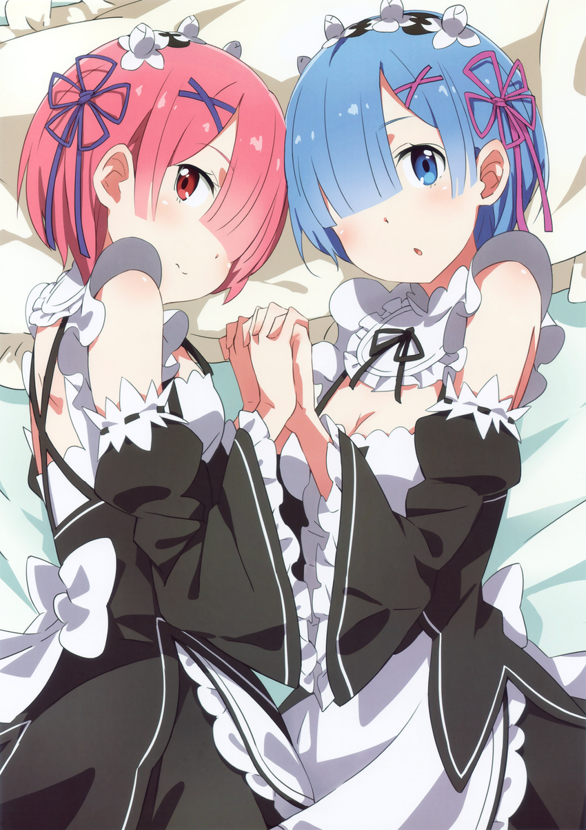 :s absurdres bed_sheet blue_eyes blue_hair blue_ribbon breasts chestnut_mouth choker cleavage detached_sleeves dress from_above from_side hair_over_one_eye hair_ribbon headdress highres holding_hands lace-trimmed_sleeves looking_at_viewer lying maid medium_breasts multiple_girls neck_ribbon on_side parted_lips pillow pink_ribbon ram_(re:zero) re:zero_kara_hajimeru_isekai_seikatsu red_eyes rem_(re:zero) ribbon shiny shiny_skin short_hair siblings sisters twins