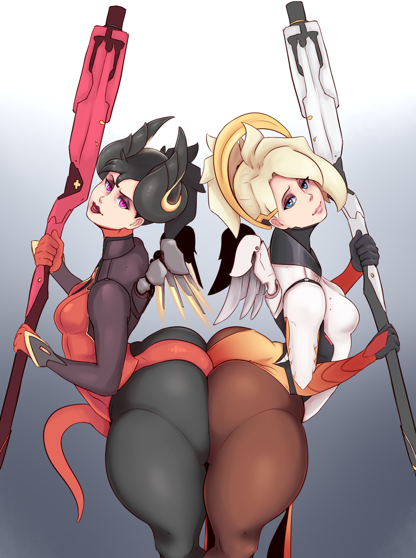 2girls armor ass ass-to-ass black_hair blonde_hair blue_eyes bodysuit breasts dark_persona demon_horns demon_tail devil_mercy dual_persona forehead_mark grin horns huge_ass leaning leaning_forward lipstick makeup mechanical_halo mechanical_wings mercy_(overwatch) multiple_girls overwatch pantyhose ponytail purple_eyes red_lips red_lipstick shiny shiny_clothes shiny_hair sideboob smile staff sundown tail thick_thighs wings