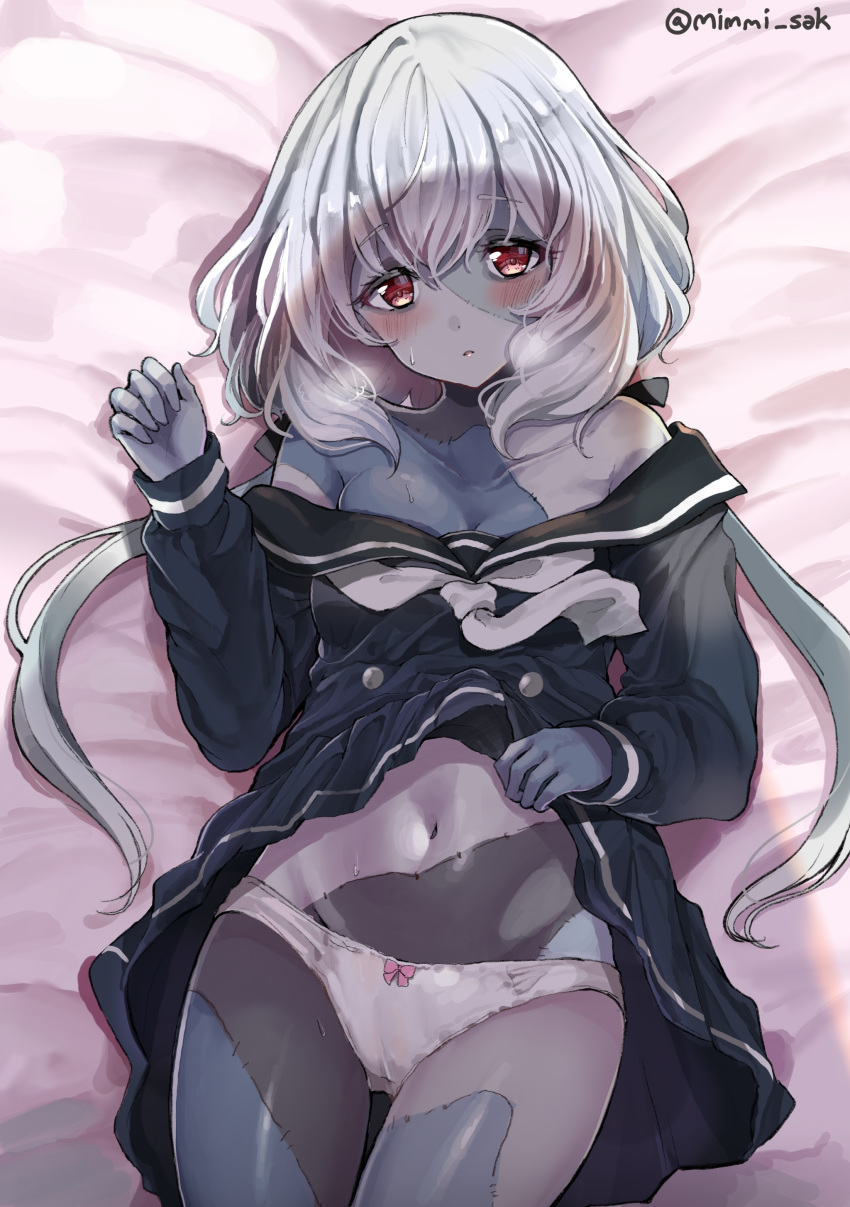 1girl absurdres bare_shoulders bed_sheet black_serafuku black_skirt blush breasts cleavage collarbone eyebrows_visible_through_hair heavy_breathing highres konno_junko long_hair long_sleeves looking_at_viewer low_twintails lying navel on_back panties red_eyes sak_(lemondisk) scar school_uniform serafuku silver_hair skirt solo twintails twitter_username underwear white_panties zombie zombie_land_saga