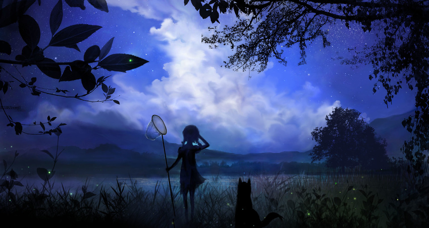 1girl blurry braid bug butterfly_net cloud dark dog dress firefly from_behind grass hand_net hand_on_own_head highres hill insect jpeg_artifacts lake looking_afar night night_sky original scenery silhouette sky solo star_(sky) tree twin_braids water