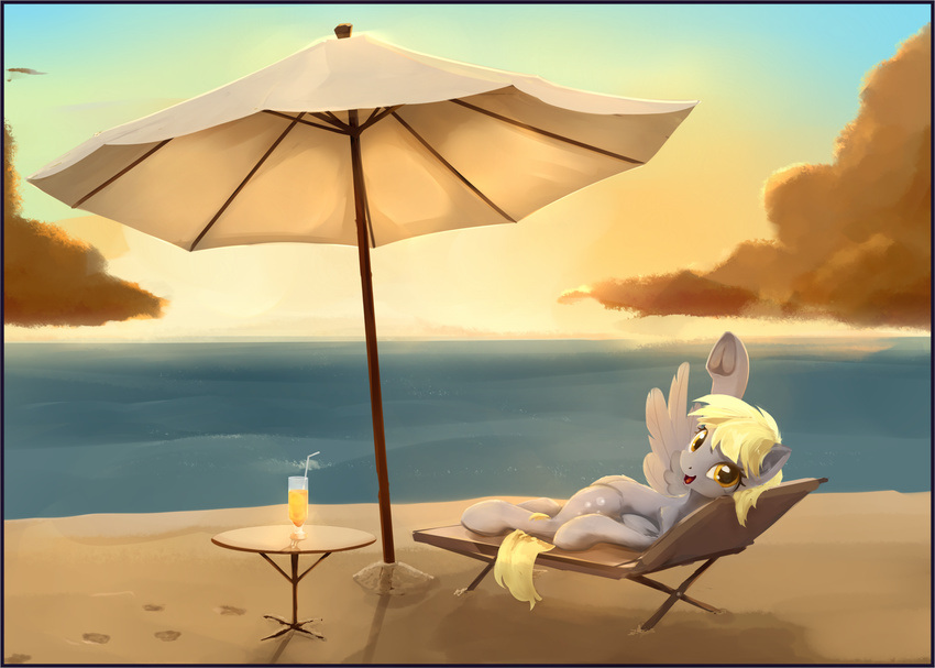 amber_eyes beach blonde_hair cutie_mark day derpy_hooves_(mlp) detailed_background equine female feral friendship_is_magic fur grey_fur hair hooves looking_at_viewer lying mammal my_little_pony nude outside pegasus scootiebloom seaside sky solo umbrella wings