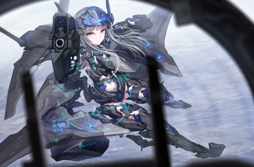 ace_combat ace_combat_x aircraft airplane armor bodysuit boots commentary_request gloves gun headgear heads-up_display long_hair looking_at_viewer machinery mecha_musume military military_vehicle personification pov silver_eyes silver_hair solo thighhighs tom-neko_(zamudo_akiyuki) weapon wings yr-99_forneus