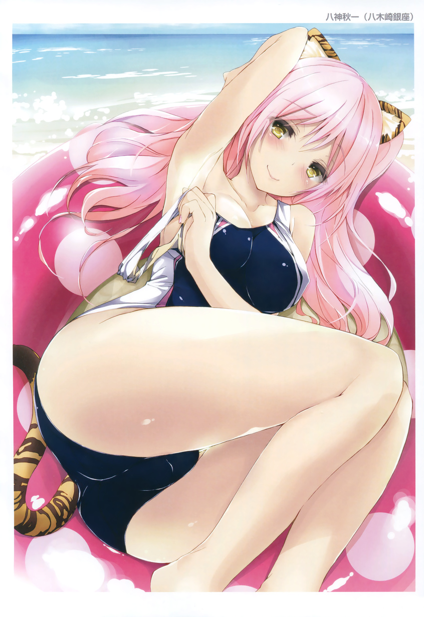 absurdres animal_ears arm_behind_head arm_up armpits artist_name ass bangs bare_shoulders beach blue_swimsuit blush breasts closed_mouth collarbone competition_swimsuit eyebrows eyebrows_visible_through_hair fingernails from_side highres horizon innertube large_breasts legs_together long_hair looking_at_viewer lying ocean on_side one-piece_swimsuit original outdoors pink_hair pink_lips polka_dot polka_dot_innertube scan smile solo swimsuit tail tiger_ears tiger_tail toranoana water yagami_shuuichi yellow_eyes