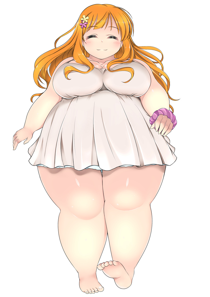 :3 ^_^ absurdres barefoot blush breasts brown_hair chemise closed_eyes collarbone facing_viewer fat feet flower full_body hair_flower hair_ornament highres huge_breasts kurokaze_no_sora long_hair nightgown obese orange_hair original scrunchie soles solo thick_thighs thighs toes transparent_background wrist_scrunchie