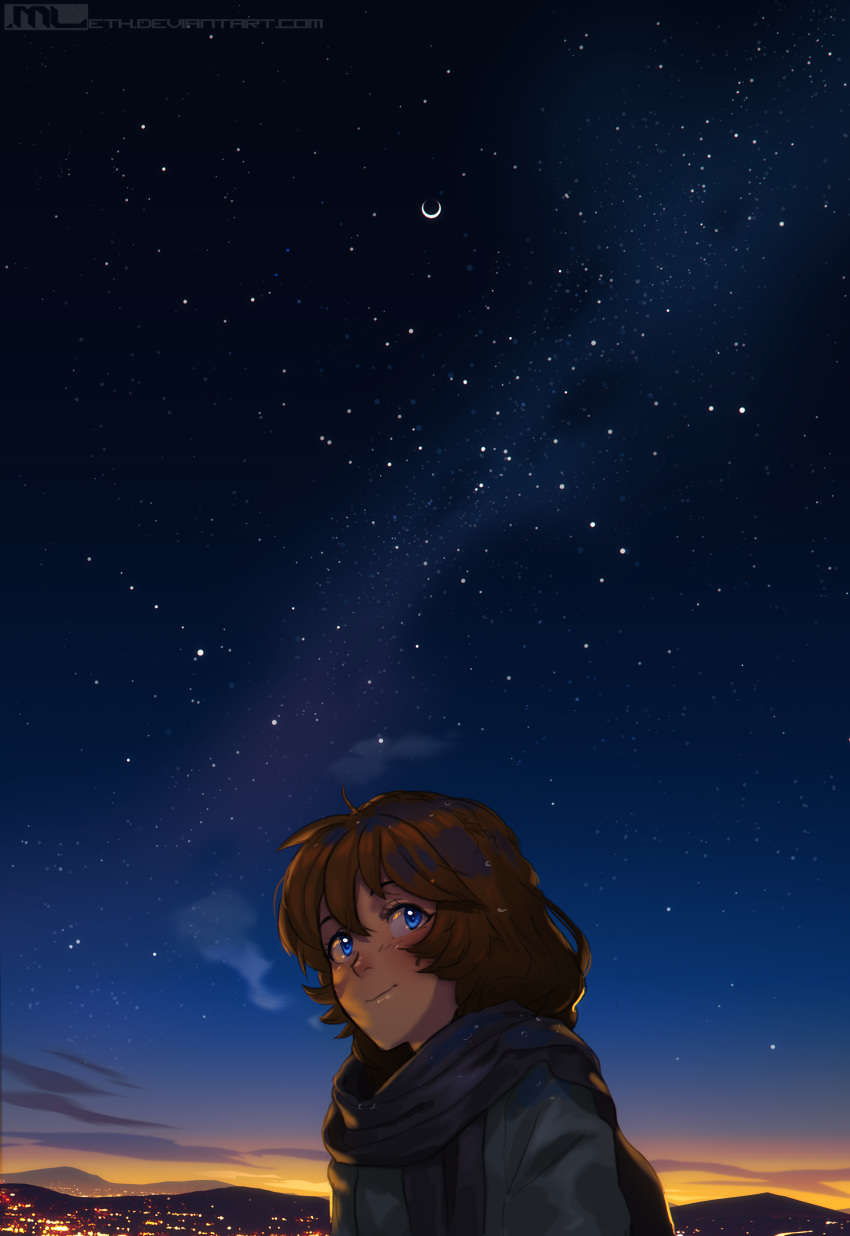 1girl absurdres blue_eyes brooke_(mathias_leth) brown_hair commentary dawn eclipse english_commentary highres huge_filesize landscape light_smile lunar_eclipse mathias_leth moon night night_sky original outdoors scarf sky solo star_(sky) starry_sky upper_body