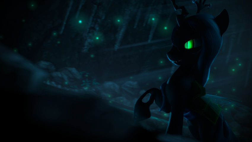 3d_(artwork) argodaemon blue_hair changeling detailed_background digital_media_(artwork) female feral friendship_is_magic glowing glowing_eyes green_eyes hair hi_res hooves horn insect_wings my_little_pony night nude outside queen_chrysalis_(mlp) smile solo source_filmmaker standing teeth wings