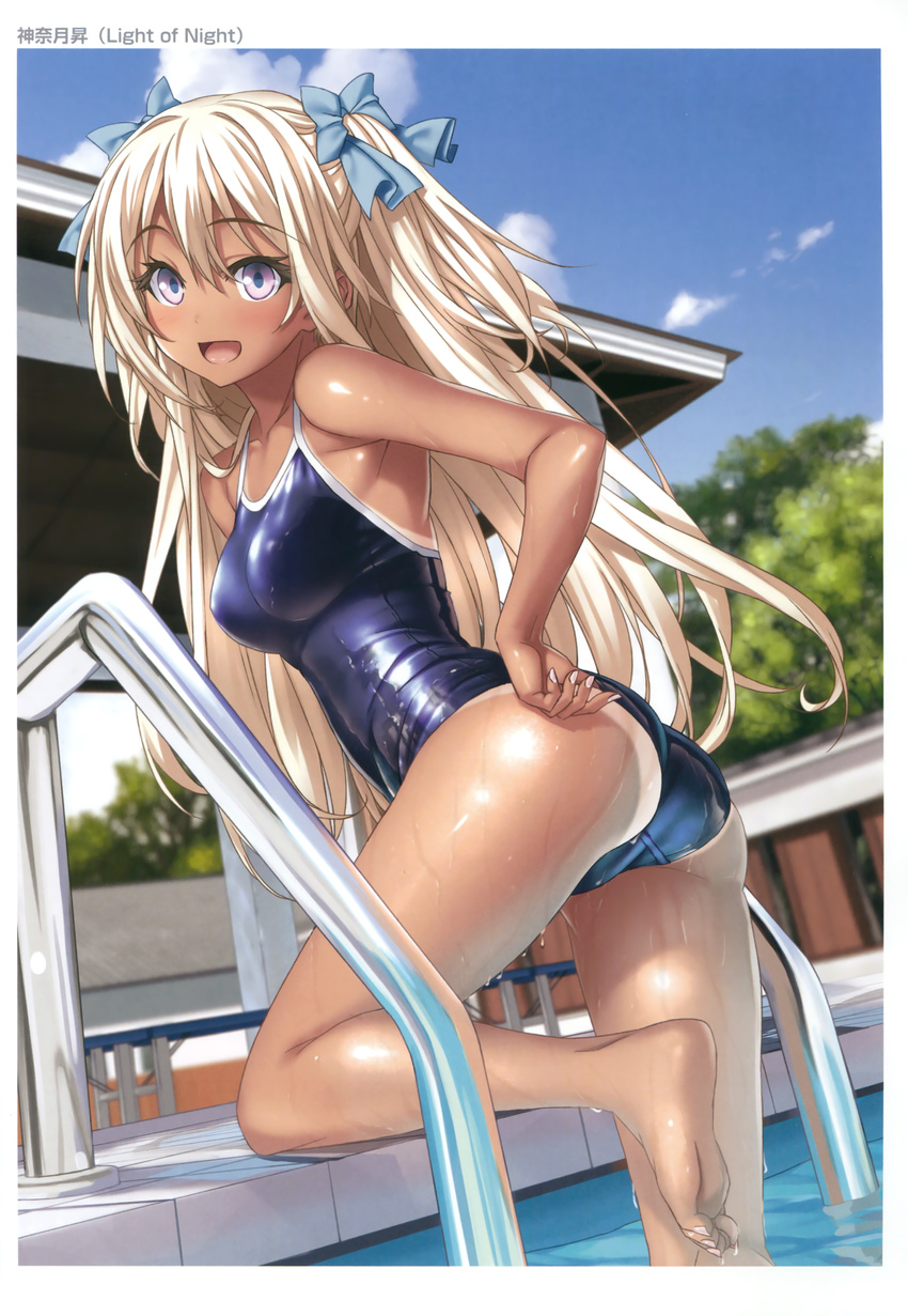 :d absurdres adjusting_clothes adjusting_swimsuit arched_back ass barefoot blonde_hair blue_swimsuit blush bow breasts competition_school_swimsuit dark_skin day dutch_angle feet fingernails hair_between_eyes hair_bow highres kannatsuki_noboru leaning_forward leg_up long_hair looking_at_viewer looking_back medium_breasts one-piece_swimsuit one-piece_tan open_mouth original outdoors pool pool_ladder poolside purple_eyes school_swimsuit shiny shiny_clothes shiny_skin skindentation smile soles solo swimsuit tan tanline two_side_up wading wet