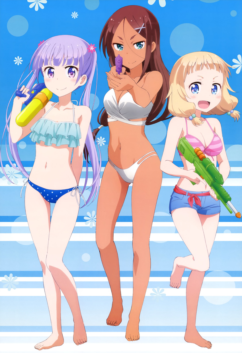 &gt;:) :d absurdres ahagon_umiko aiming aiming_at_viewer aqua_eyes arm_behind_back bandeau bangs barefoot bikini bikini_top blonde_hair blue_background blue_bikini blue_eyes blue_shorts blunt_bangs blush breasts brown_hair cleavage closed_mouth colored_stripes dark_skin disconnected_mouth feet floral_background flower foreshortening frilled_bikini frills front-tie_bikini front-tie_top full_body hair_between_eyes hair_bobbles hair_ornament hairclip happy highres holding lavender_hair leg_lift leg_up legs lens_flare light_smile lineup long_hair low-tied_long_hair low_twintails magazine_scan medium_breasts multi-strapped_bikini multiple_girls navel new_game! non-web_source nyantype official_art open_mouth outstretched_arms pink_bikini polka_dot polka_dot_bikini purple_eyes purple_hair sakura_nene sash scan short_shorts shorts sidelocks slim_legs smile standing standing_on_one_leg strapless strapless_bikini striped striped_background striped_bikini suzukaze_aoba swept_bangs swimsuit tankini thigh_gap trigger_discipline twintails v-shaped_eyebrows very_long_hair water_gun white_bikini x_hair_ornament