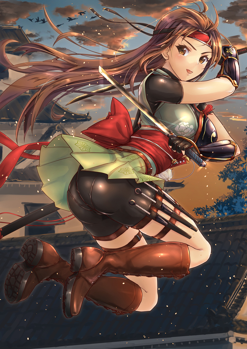 absurdres architecture armor ass bike_shorts bird boots brown_eyes brown_footwear brown_hair castle cloud cross-laced_footwear dual_wielding east_asian_architecture fingerless_gloves flying gloves headband highres holding holster japanese_armor jumping knee_boots kote kurokote lace-up_boots long_hair looking_at_viewer midair miniskirt ninja ninjatou obi open_mouth original pantylines pleated_skirt sash shorts shorts_under_skirt skirt sky solo sword thigh_holster thigh_strap tori@gununu tree vambraces weapon