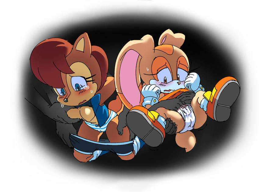arm_grab assisted_rape blush breast_grab breasts chipmunk clothed clothing coolblue cream_the_rabbit cub disembodied_hand female fingering forced grope hair hand_in_panties hand_in_underwear hand_on_breast kneeling leg_grab mammal panties pants_down partially_clothed rape rodent sally_acorn sonic_(series) suspension sweat tears underwear young