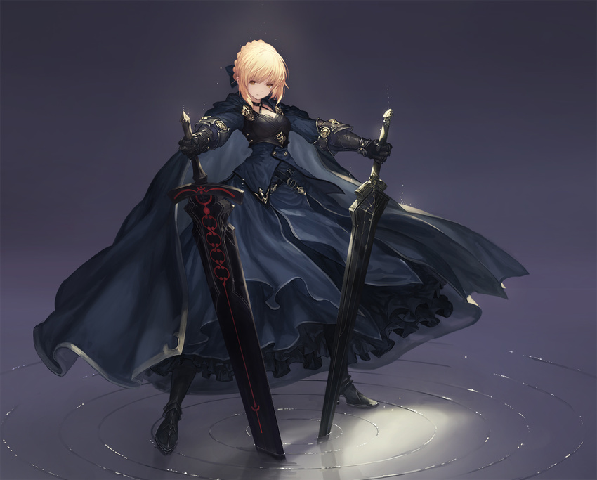 artoria_pendragon_(all) blonde_hair braid cape dark_excalibur dual_persona dual_wielding excalibur fate/grand_order fate/stay_night fate_(series) french_braid full_body gauntlets gothic_lolita holding lolita_fashion ripples saber_alter short_hair solo standing sword tachikawa_mushimaro weapon yellow_eyes