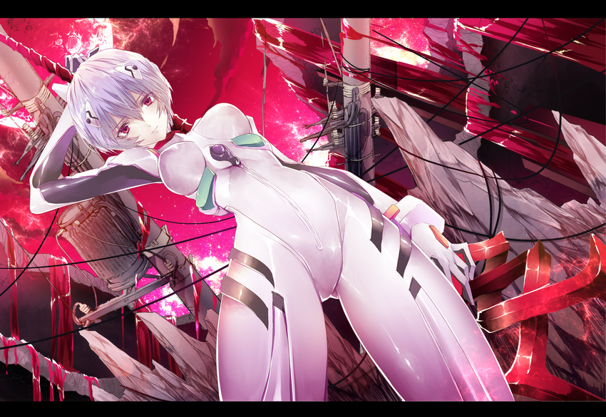 ambiguous_red_liquid arm_at_side arm_up ass_visible_through_thighs ayanami_rei bangs bodysuit bracer breasts broken closed_mouth cloud cowboy_shot dripping dutch_angle expressionless eyebrows eyebrows_visible_through_hair from_below glowing gradient hair_between_eyes highres holding holding_weapon lance_of_longinus legs_apart letterboxed looking_at_viewer looking_down medium_breasts moon neon_genesis_evangelion outdoors pale_skin pilot_suit plugsuit power_lines red_eyes red_sky rock ruins shiro_(himawari) short_hair skin_tight sky solo standing utility_pole weapon white_bodysuit