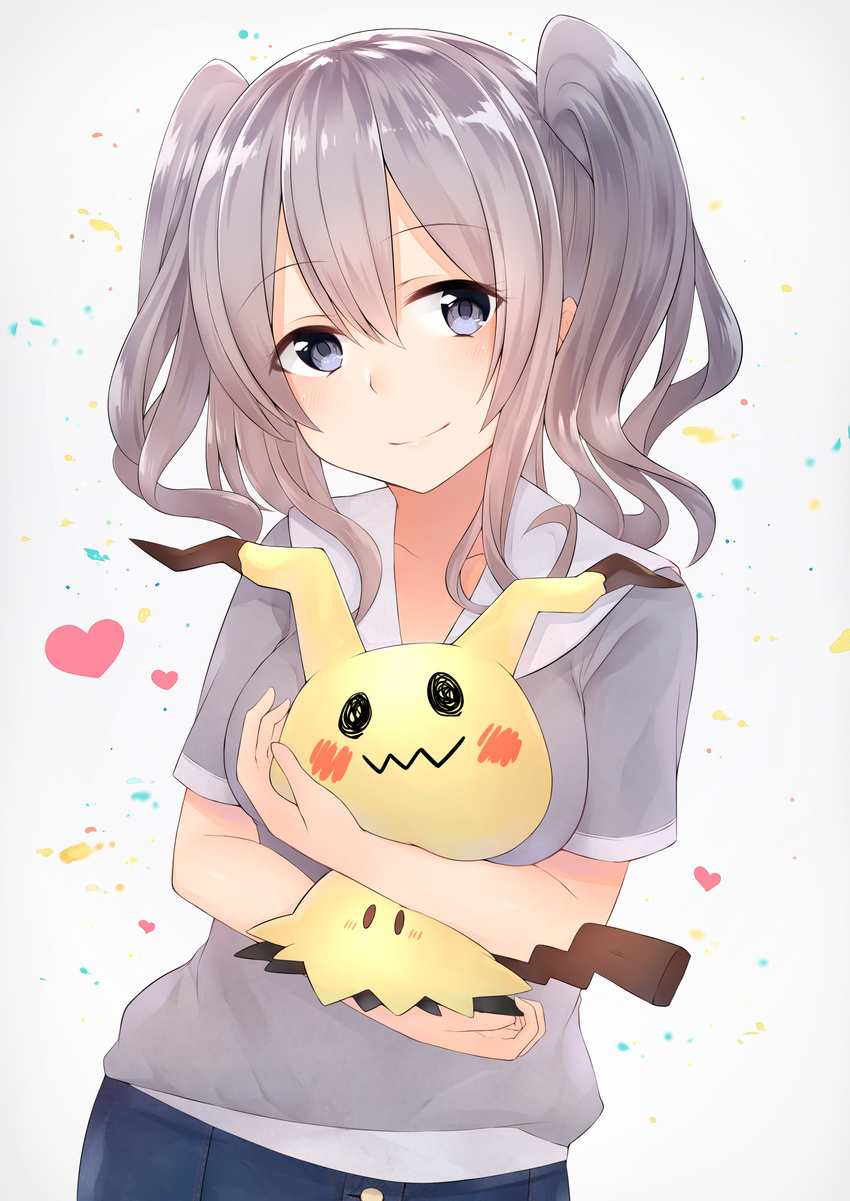 absurdres akky_(akimi1127) alternate_costume blue_eyes breasts buttons closed_mouth collarbone denim gen_7_pokemon grey_background grey_shirt head_tilt highres holding jeans kantai_collection kashima_(kantai_collection) medium_breasts mimikyu pants pokemon pokemon_(creature) pokemon_(game) pokemon_sm shirt short_sleeves silver_hair simple_background smile twintails upper_body wavy_hair