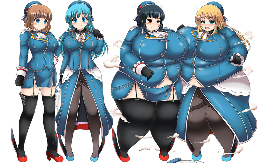 annoyed asymmetrical_docking atago_(kantai_collection) beret big_belly black_gloves black_hair blonde_hair blue_eyes blue_hair blush breast_press breasts brown_hair character_request commentary_request cravat embarrassed fat fat_folds frown garter_straps gloves hand_on_hip hat high_heels highres huge_breasts kantai_collection kurokaze_no_sora large_breasts long_hair looking_at_viewer military military_uniform multiple_girls obese pantyhose pelvic_curtain red_eyes short_hair showgirl_skirt steam surprised takao_(kantai_collection) thighhighs undersized_clothes uniform very_long_hair