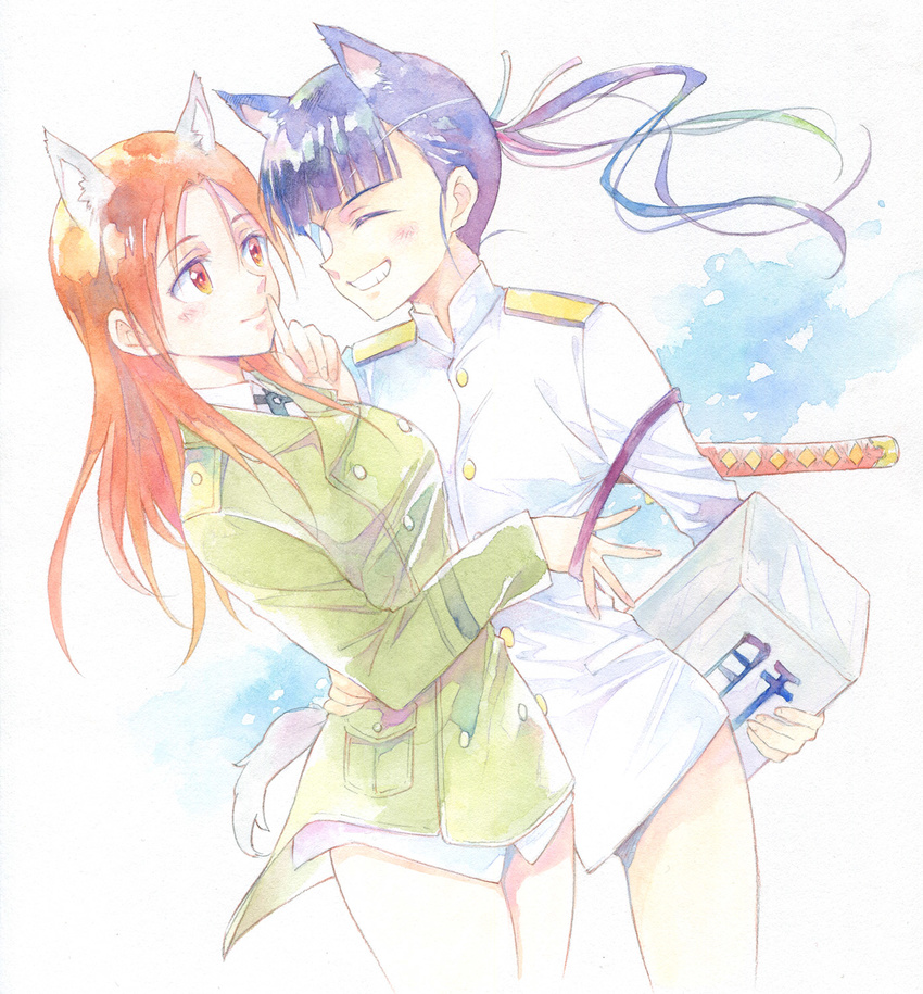 agahari animal_ears black_hair closed_eyes dog_ears dog_tail eyepatch finger_to_mouth grin hair_ribbon highres hug long_hair military military_uniform minna-dietlinde_wilcke multiple_girls naval_uniform ponytail red_eyes red_hair ribbon sakamoto_mio smile strike_witches sword tail traditional_media uniform weapon world_witches_series
