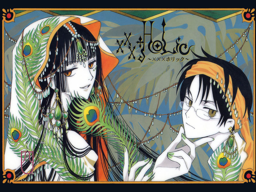 clamp feathers glasses headdress ichihara_yuuko watanuki_kimihiro xxxholic