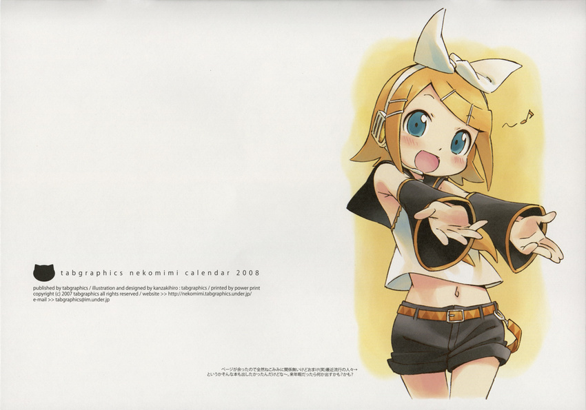 2008 artist_name blonde_hair blue_eyes blush circle_name detached_sleeves email_address english hair_ornament hair_ribbon hairclip hands headphones kagamine_rin kanzaki_hiro midriff music musical_note ribbon sailor_collar short_hair shorts singing smile solo tabgraphics translation_request vocaloid watermark web_address