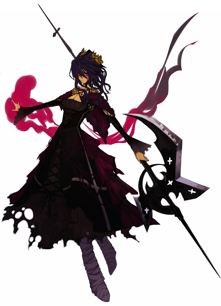 absurdres bandages breasts cleavage crown dress gothic_lolita halberd highres large_breasts lolita_fashion long_hair original pink_eyes polearm purple_hair solo torn_clothes ukai_saki weapon