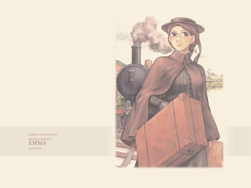 emma_(victorian_romance_emma) glasses ground_vehicle hat highres locomotive long_sleeves mori_kaoru porkpie_hat solo steam_locomotive suitcase train victorian_romance_emma wallpaper