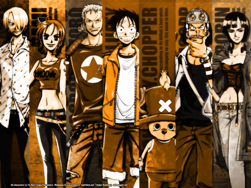 2girls 4boys 5boys alternate_costume antlers bandaid belt bird black_hair blonde_hair character_name cigarette denim goggles grin hand_on_hip hat highres hips jacket jeans jewelry midriff monkey_d_luffy mouth_hold multiple_boys multiple_girls nami nami_(one_piece) necklace nico_robin one_piece pants reindeer reindeerboy roronoa_zoro sanji scar smile smoking standing star sword tony_tony_chopper torn_clothes usopp watch weapon wristband zipper
