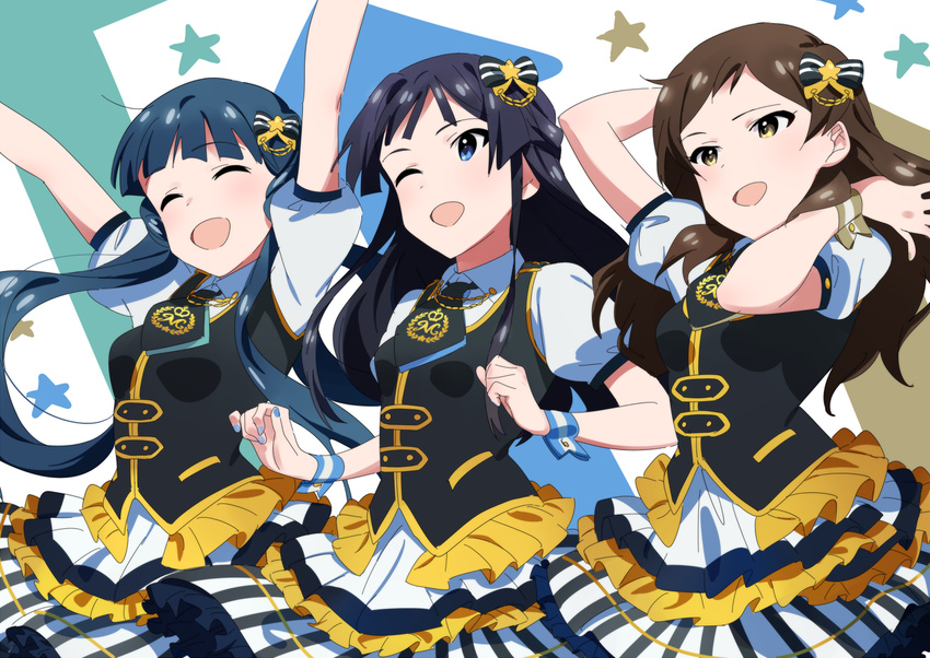 :d ;d ^_^ black_hair blue_hair brown_eyes brown_hair closed_eyes idolmaster idolmaster_million_live! kitakami_reika kitazawa_shiho long_hair mogami_shizuka multiple_girls one_eye_closed open_mouth outstretched_arms smile twintails yomosaka