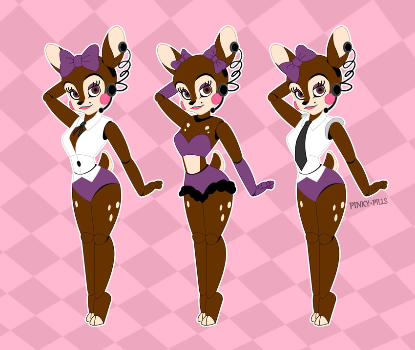 animatronic anthro beauty_mark bloomers bow_tie breasts brown_eyes cervine clothed clothing deer fan_character female five_nights_at_freddy's headphones headset hooves looking_at_viewer machine mammal necktie outfits pinkypills_(artist) pose robot showgirl skimpy solo spots video_games