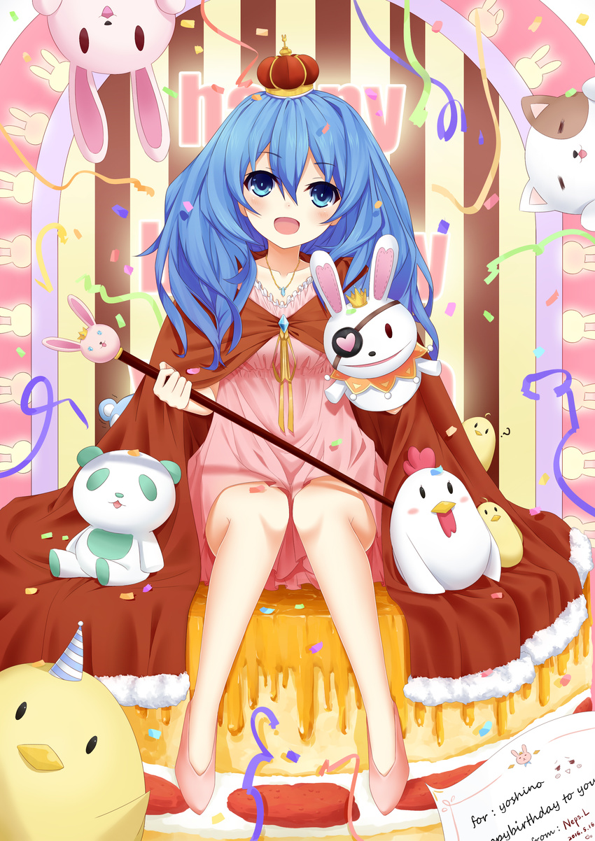 :d absurdres artist_name bare_legs bird blue_eyes blue_hair blush cape chicken confetti creature crown date_a_live dated dress eyepatch full_body fur_trim happy_birthday hat head_tilt highres holding holding_staff jewelry long_hair looking_at_viewer mini_crown necklace neps-l open_mouth party_hat pink_dress red_cape shoes sitting slippers smile staff striped striped_background stuffed_animal stuffed_bunny stuffed_cat stuffed_chicken stuffed_toy teddy_bear vertical-striped_background vertical_stripes wavy_hair yoshino_(date_a_live) yoshinon