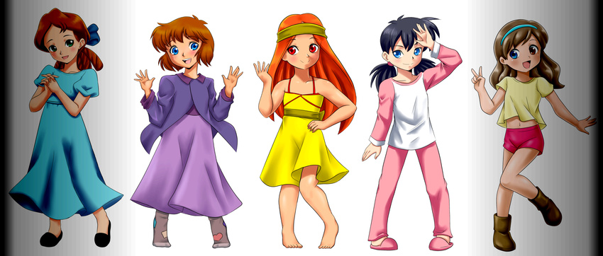 5girls barefoot blonde_hair blue_eyes brown_hair differently_coloured_eyes girl green_eyes grey_hair jane_darling, multiple_girls nightdress nightwear peter_pan pyjamas red_eyes red_hair slippers smile socks uggs wendy_darling