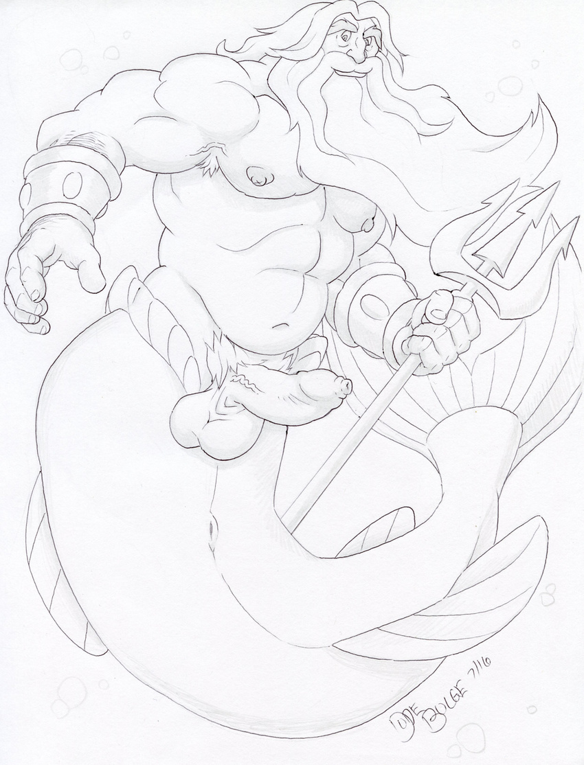 anthro anus armpit_hair armpits balls beard braces disney dudebulge erection facial_hair greyscale holding_object holding_weapon humanoid_penis king_triton long_foreskin looking_at_viewer male marine melee_weapon merfolk monochrome musclegut muscular navel nipples pecs pencil_(artwork) penis polearm solo swimming the_little_mermaid traditional_media_(artwork) trident uncut vein veiny_penis weapon