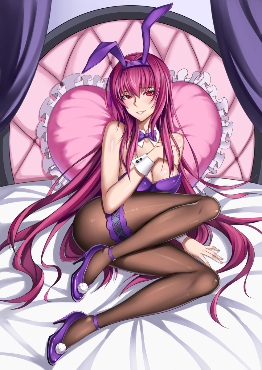 animal_ears breast_hold bunny_ears bunny_girl cleavage fate/grand_order garter heels pantyhose scathach_(fate/grand_order) xiao_gen