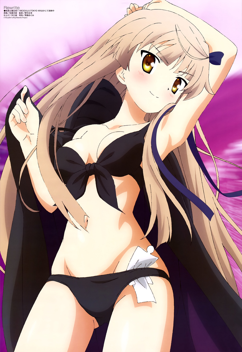 absurdres arm_behind_head arm_up armpits ass_visible_through_thighs bangs bikini black_bikini black_cape blunt_bangs blush breasts cape cape_lift cleavage closed_mouth cowboy_shot front-tie_bikini front-tie_top grey_hair groin hair_ribbon hand_up head_tilt highres hips in_swimsuit light_smile long_hair looking_at_viewer magazine_scan medium_breasts megami navel non-web_source official_art paper_doll purple_background purple_cape purple_ribbon rewrite ribbon satou_tenshou scan senri_akane shikigami sidelocks skindentation smile solo standing strap_slip swimsuit very_long_hair yellow_eyes