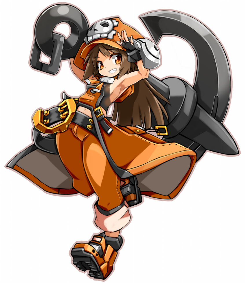 anchor armpits belt black_gloves boots breasts brown_hair coattails fang fingerless_gloves full_body gloves guilty_gear hat highres huge_weapon karukan_(monjya) long_hair may_(guilty_gear) navel orange_eyes orange_hat over_shoulder pants pants_rolled_up pirate_hat sideboob sleeveless small_breasts smile solo weapon weapon_over_shoulder