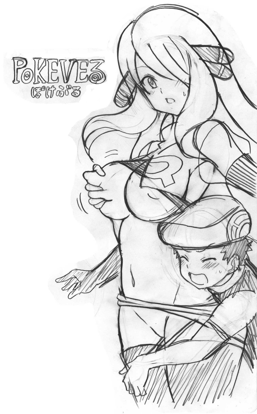 1girl ass black_legwear blush breast_grab breasts cosplay grabbing greyscale hair_over_one_eye highres koutarosu large_breasts long_hair monochrome navel nipples no_bra no_pussy open_mouth panties panty_pull pokemon pokemon_(game) pokemon_dppt shirona_(pokemon) team_rocket_uniform thighhighs thighs underwear yuuki_(pokemon)