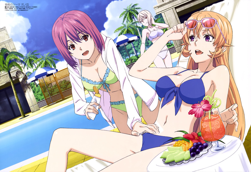 :d absurdres applying_sunscreen arato_hisako beach_umbrella bikini blonde_hair breasts chair cleavage cousins crazy_straw cup day drink drinking_glass drinking_straw eyewear_on_head flower front-tie_top green_bikini heart_straw highres hood hoodie katou_ai large_breasts long_hair lotion lounge_chair medium_breasts megami multiple_girls nakiri_alice nakiri_erina navel official_art open_clothes open_hoodie open_mouth outdoors palm_tree pink_hair pool purple_eyes red_eyes shokugeki_no_souma short_hair silver_hair smile summer sunglasses sunscreen swimsuit tree umbrella