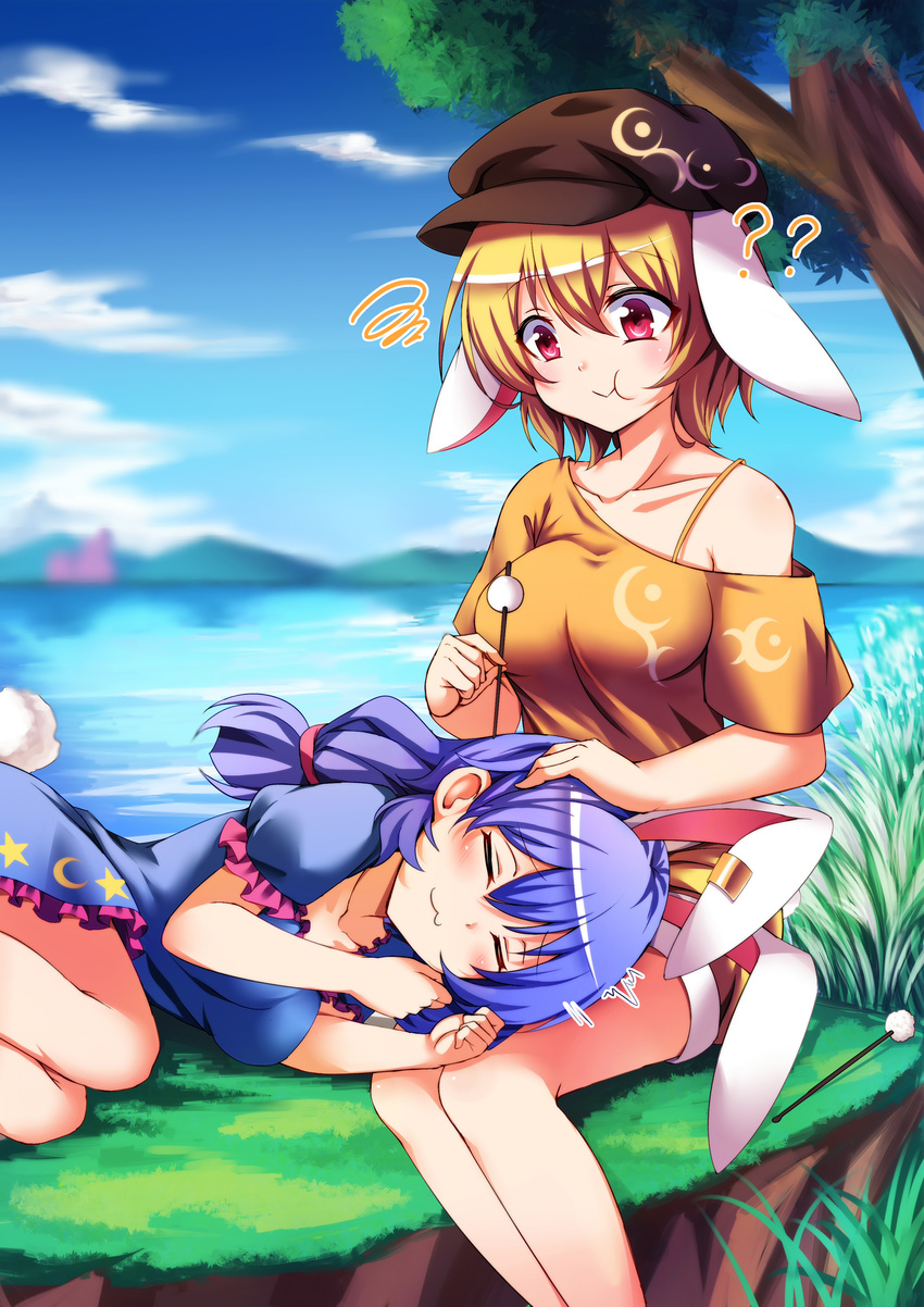 :3 ?? absurdres animal_ears bangs blonde_hair blue_dress blue_hair blue_sky blurry blurry_background bra bra_strap breasts brown_hat bunny_ears bunny_tail closed_eyes cloud collarbone dango day dress ear_clip ears_down eating extra_ears floppy_ears food frilled_dress frills grass hair_between_eyes hair_tie hat highres koissa lap_pillow legs looking_at_another looking_down low_twintails lying lying_on_lap medium_breasts mimikaki misty_lake moon_print mountain multiple_girls on_side orange_bra orange_shirt outdoors red_eyes reflection ringo_(touhou) scarlet_devil_mansion seiran_(touhou) shirt shirt_slip short_dress short_hair shorts sitting sky star star_print tail thighs touhou tree twintails underwear wagashi water yellow_shorts |3