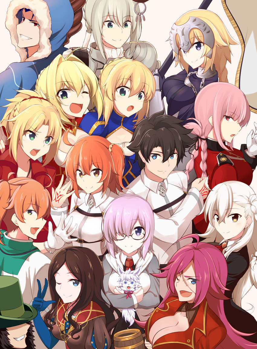 6+girls ahoge anniversary artoria_pendragon_(all) bedivere beer_mug command_spell commentary_request cu_chulainn_(fate/grand_order) fate/apocrypha fate/extra fate/grand_order fate/stay_night fate_(series) flag florence_nightingale_(fate/grand_order) fou_(fate/grand_order) francis_drake_(fate) fujimaru_ritsuka_(female) fujimaru_ritsuka_(male) highres jeanne_d'arc_(fate) jeanne_d'arc_(fate)_(all) lancer leonardo_da_vinci_(fate/grand_order) lev_lainur_flauros mash_kyrielight moninora mordred_(fate) mordred_(fate)_(all) multiple_boys multiple_girls nero_claudius_(fate) nero_claudius_(fate)_(all) olga_marie_animusphere romani_archaman saber scar v