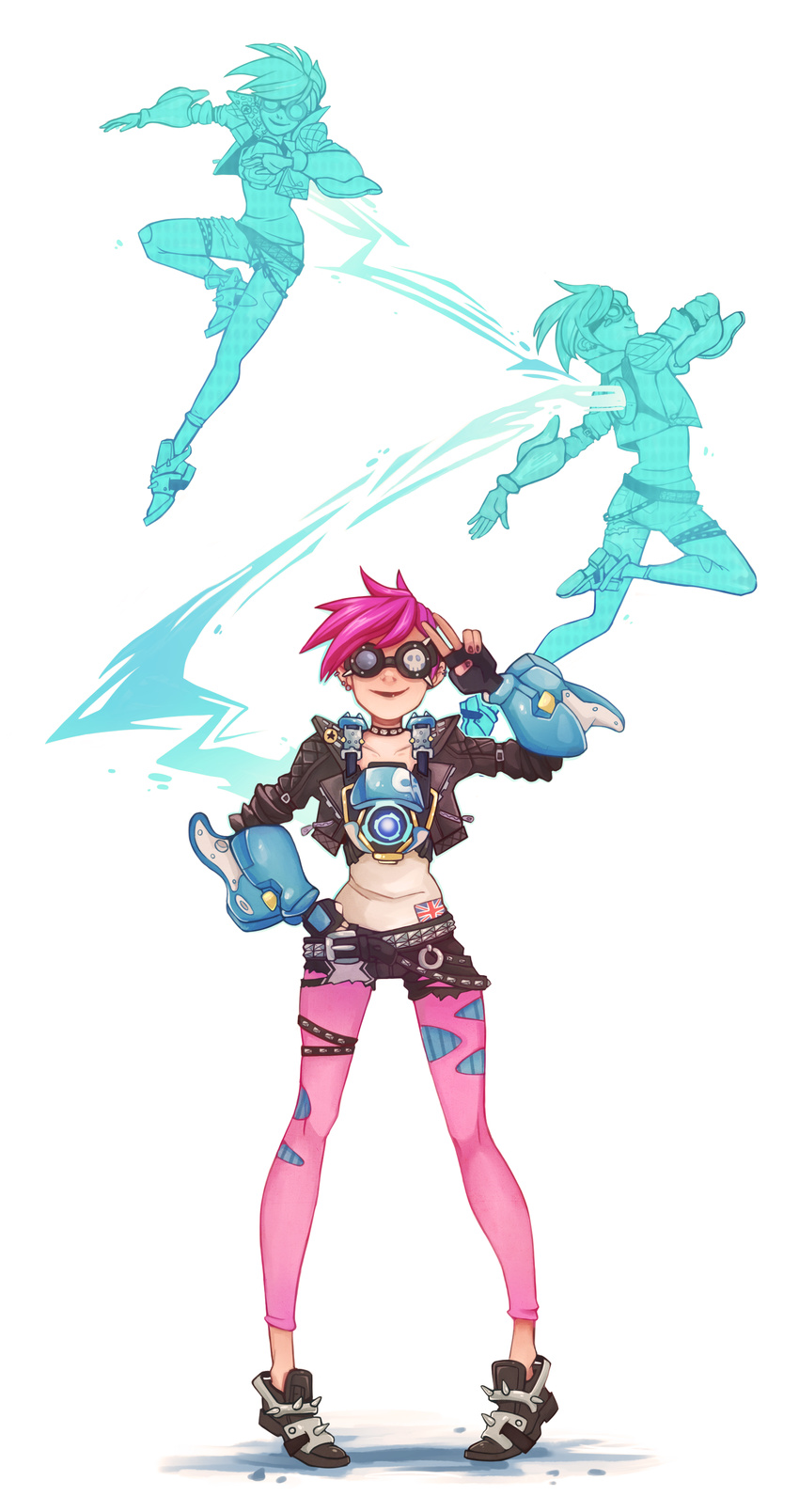 absurdres afterimage alternate_costume alternate_hair_color cropped_jacket fingerless_gloves gloves goggles highres nail_polish nastassia_wallace overwatch pantyhose pink_hair punk punk_tracer shoes short_shorts shorts smile solo spiked_hair spiked_shoes spikes torn_clothes torn_legwear torn_shorts tracer_(overwatch) union_jack v