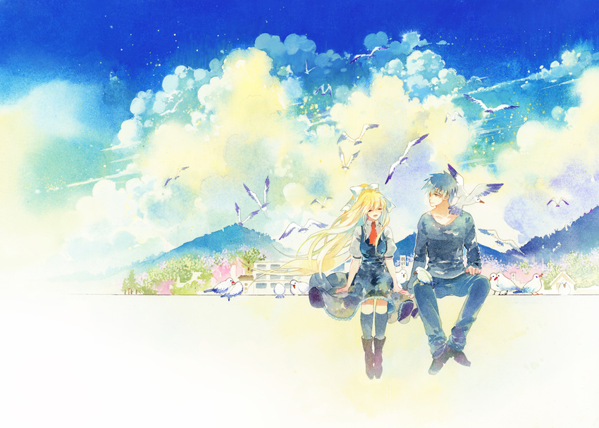 1girl air ascot bird blonde_hair bow building calligraphy_pen_(medium) closed_eyes cloud commentary day dress flock hair_bow hill holding_hands kamio_misuzu kunisaki_yukito long_hair looking_at_another looking_to_the_side muted_color rei_(456789io) scenery school_uniform seagull short_hair sitting sky smile traditional_media watercolor_(medium) wind