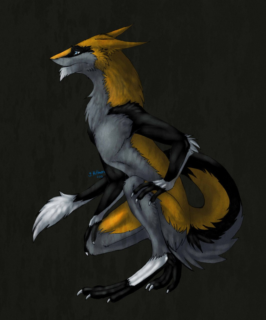 4_toes anthro crouching fur hi_res hitmore male nude sergal simple_background solo toes